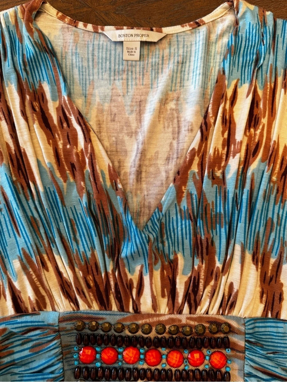 Boston Proper Abstract Bell Sleeve Blouse in Blue & Brown Size Medium Never Worn - Picture 2 of 2
